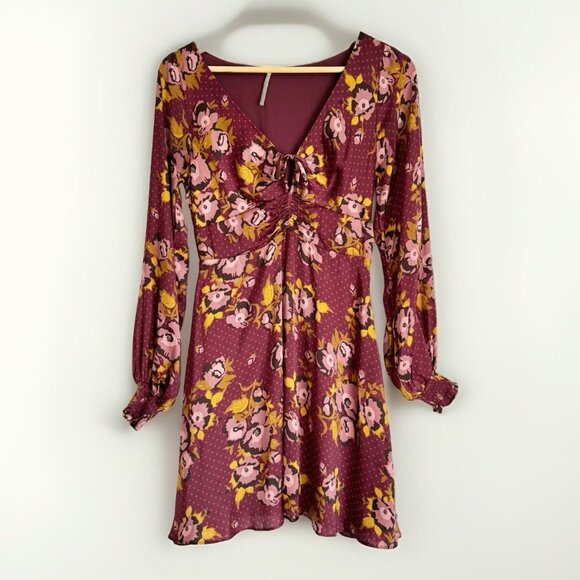 Free People Womens Floral Dress Sz 4 Burgundy Ruched Boho Romantic Fall Coquette - Picture 3 of 12